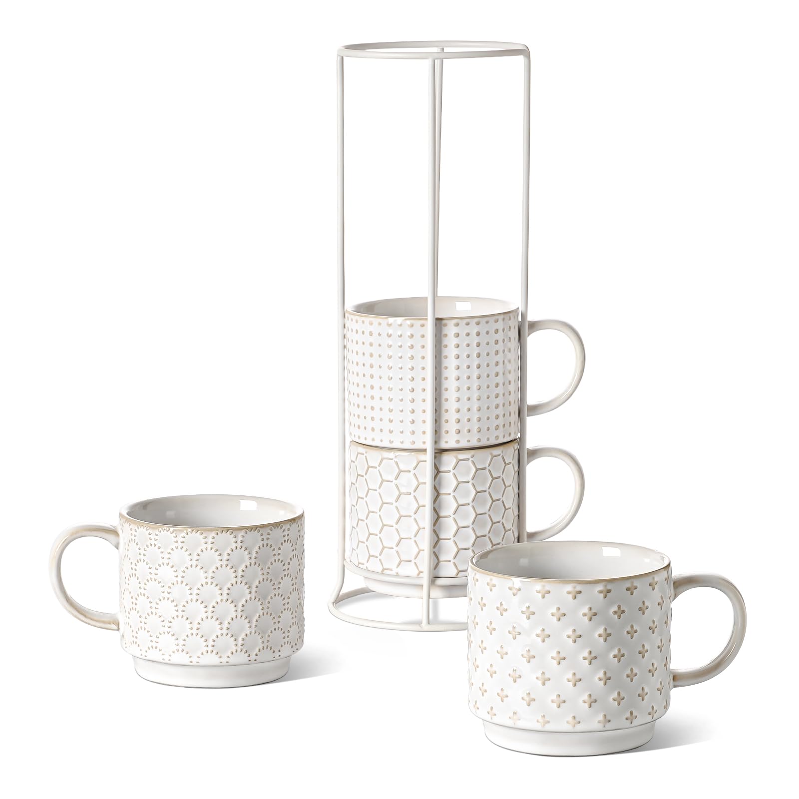 LE TAUCI stackable coffee mugs with stand in Arctic White for organized storage