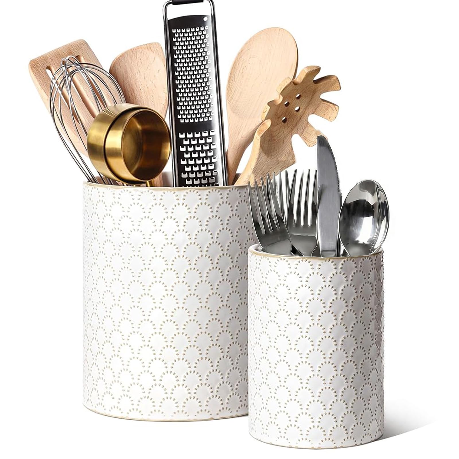 LE TAUCI Arctic White utensil holder with embossed firework detail adds warm kitchen style.