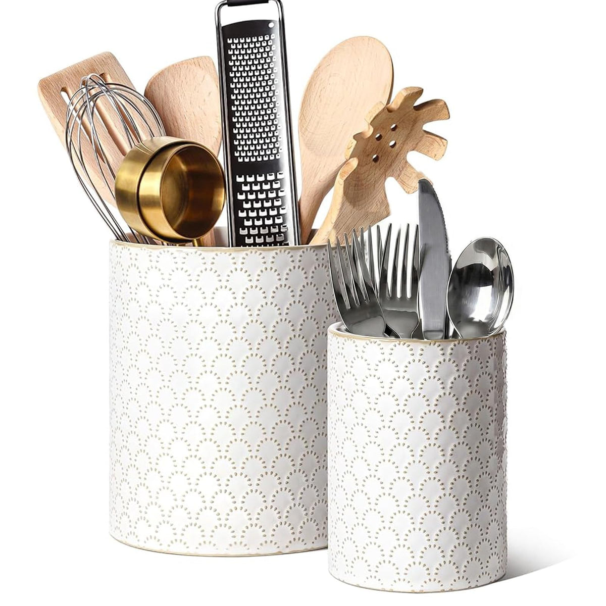 LE TAUCI Arctic White utensil holder with embossed firework detail adds warm kitchen style.