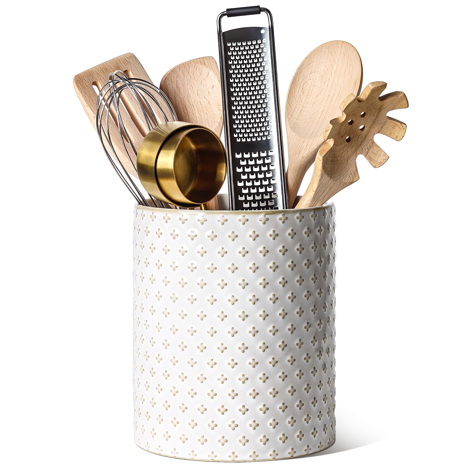 LE TAUCI Utensil Holder in Arctic White with clover embossing keeps counters neat