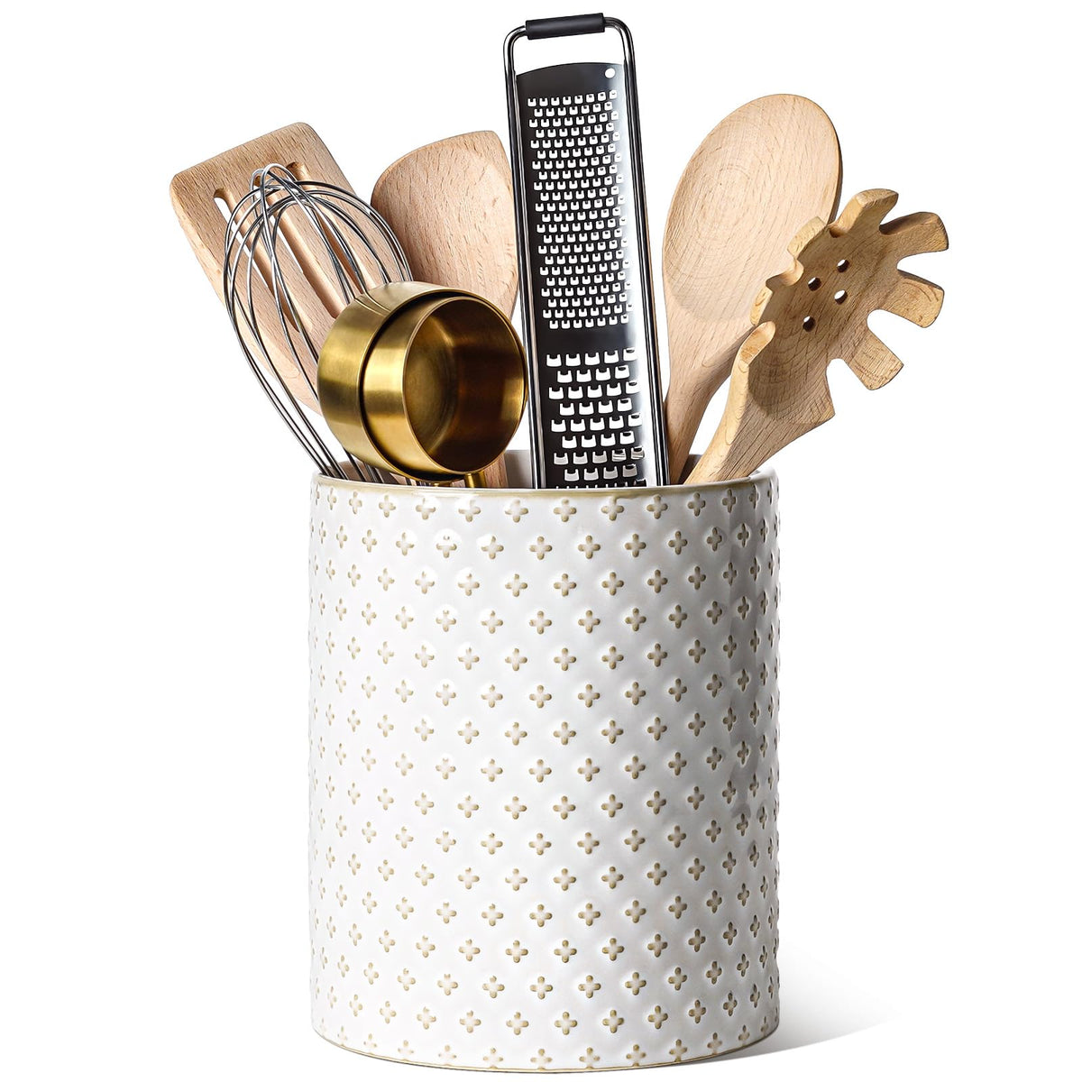LE TAUCI Utensil Holder in Arctic White with clover embossing keeps counters neat