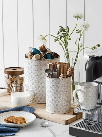LE TAUCI embossed-firework design adds decorative flair without overpowering kitchen decor.