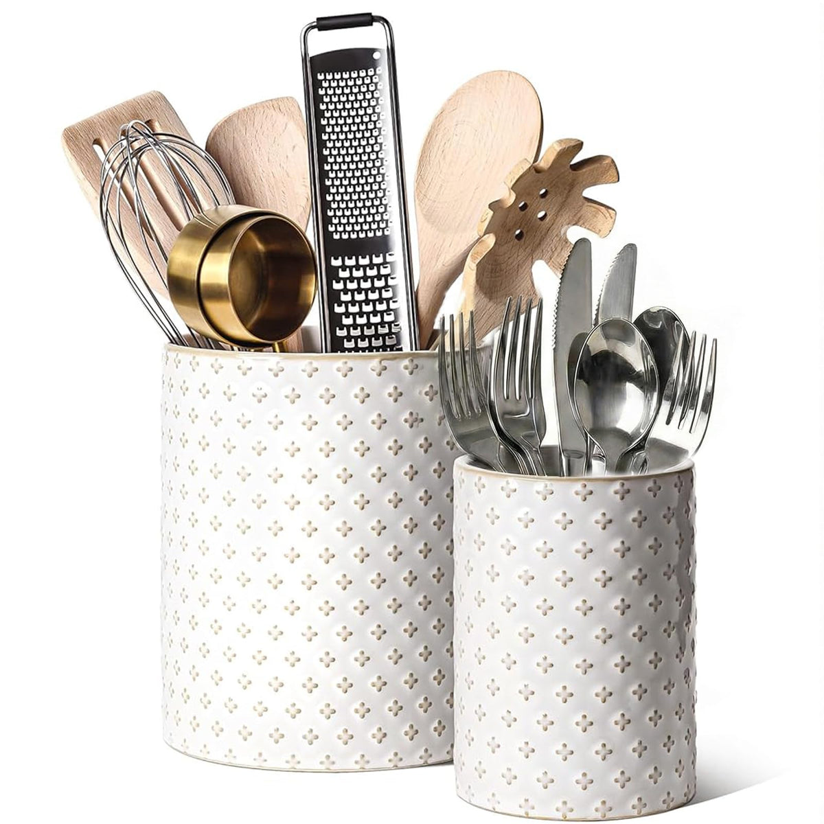 LE TAUCI large Arctic White utensil holder on a kitchen counter for organized spatulas.