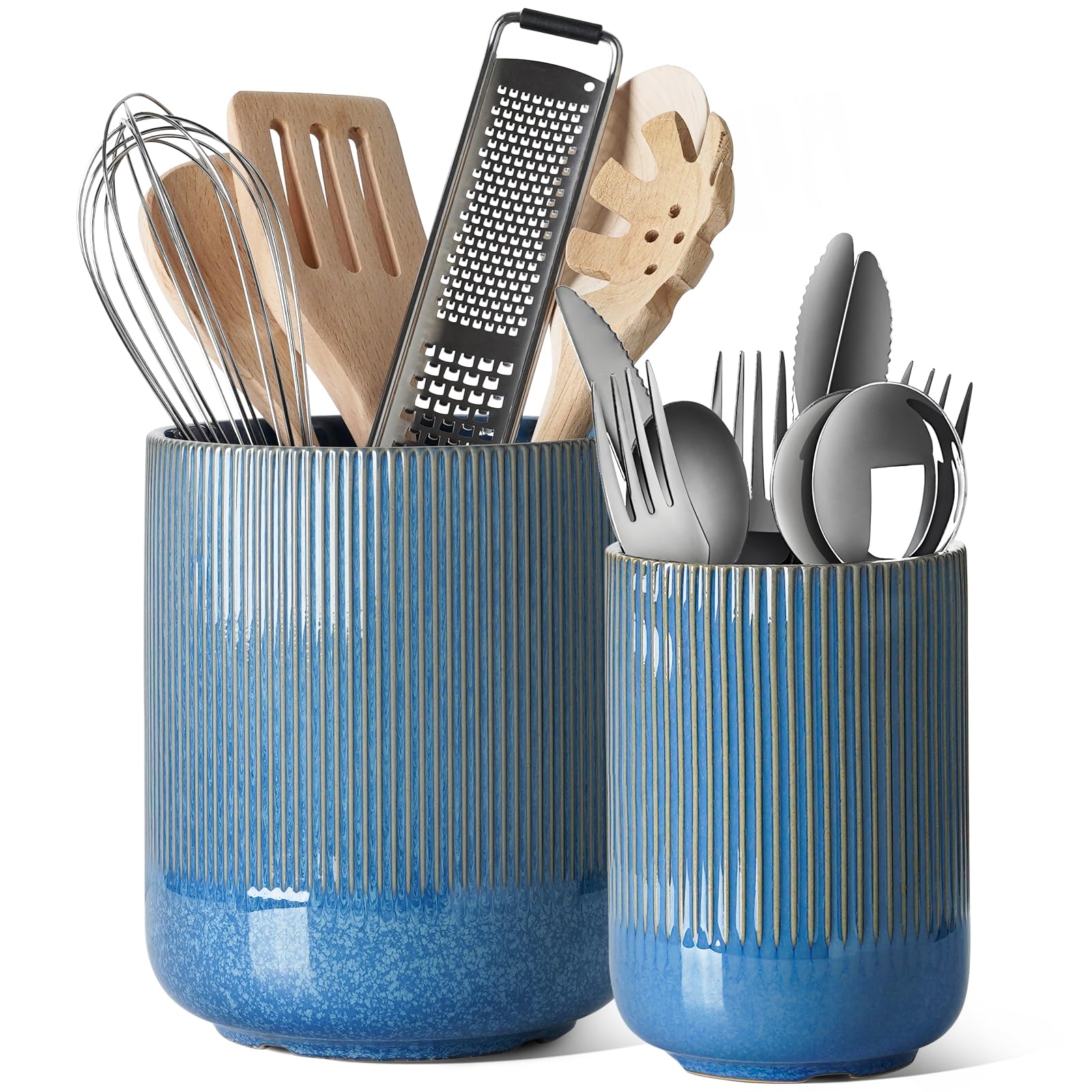 LE TAUCI large navy glaze utensil holder keeping counter tidy and organized.