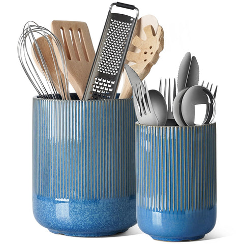LE TAUCI large navy glaze utensil holder keeping counter tidy and organized.