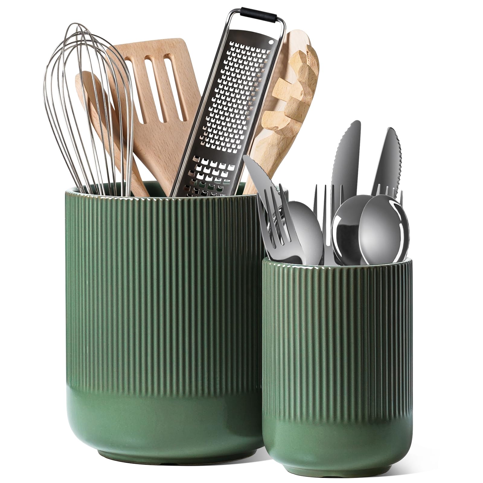 LE TAUCI utensil holder set on the counter keeps utensils within easy reach.