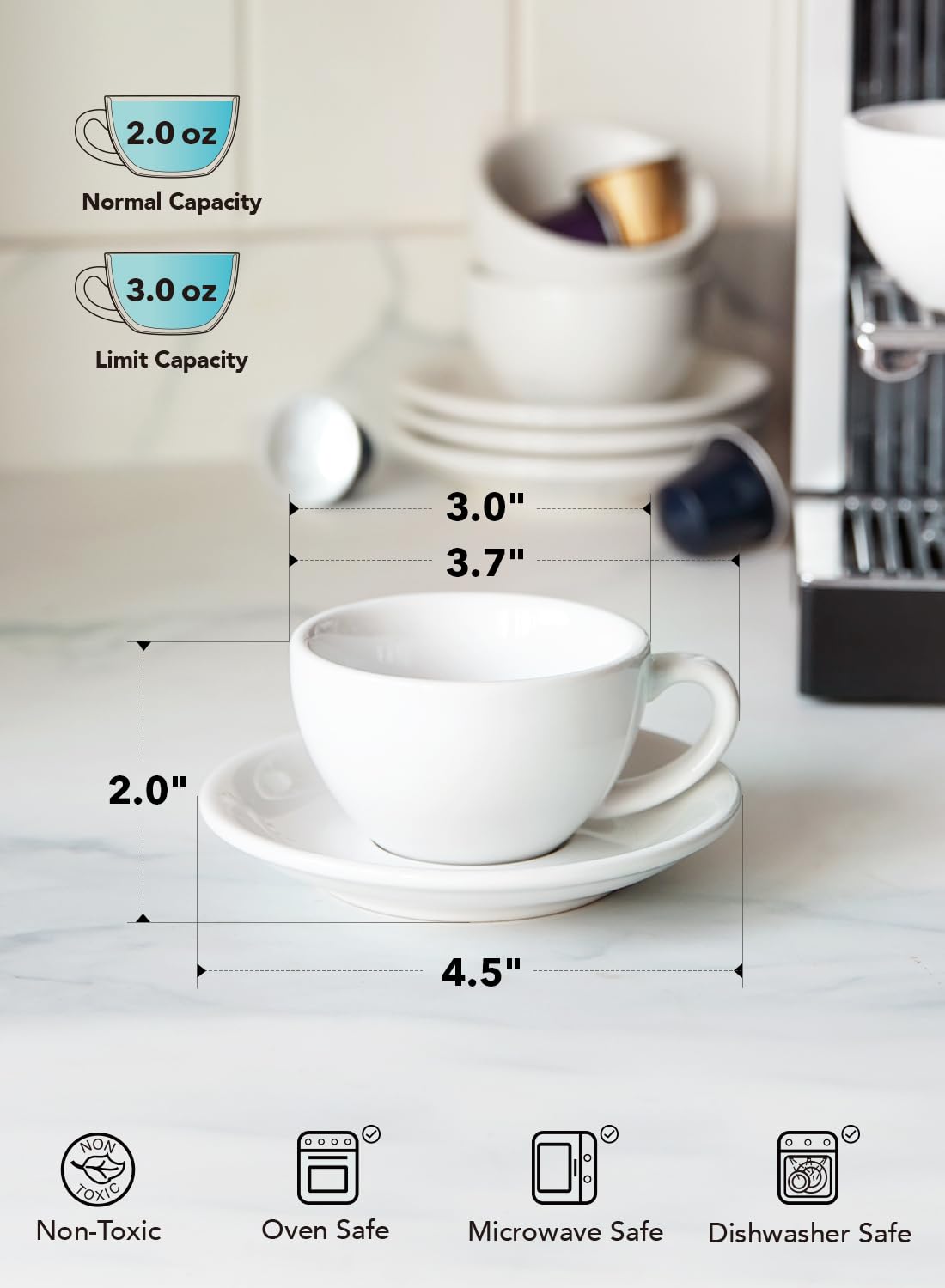 LE TAUCI white porcelain espresso cups deliver heat-retaining warmth and elegance.
