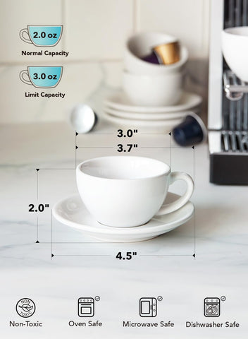 LE TAUCI white porcelain espresso cups deliver heat-retaining warmth and elegance.