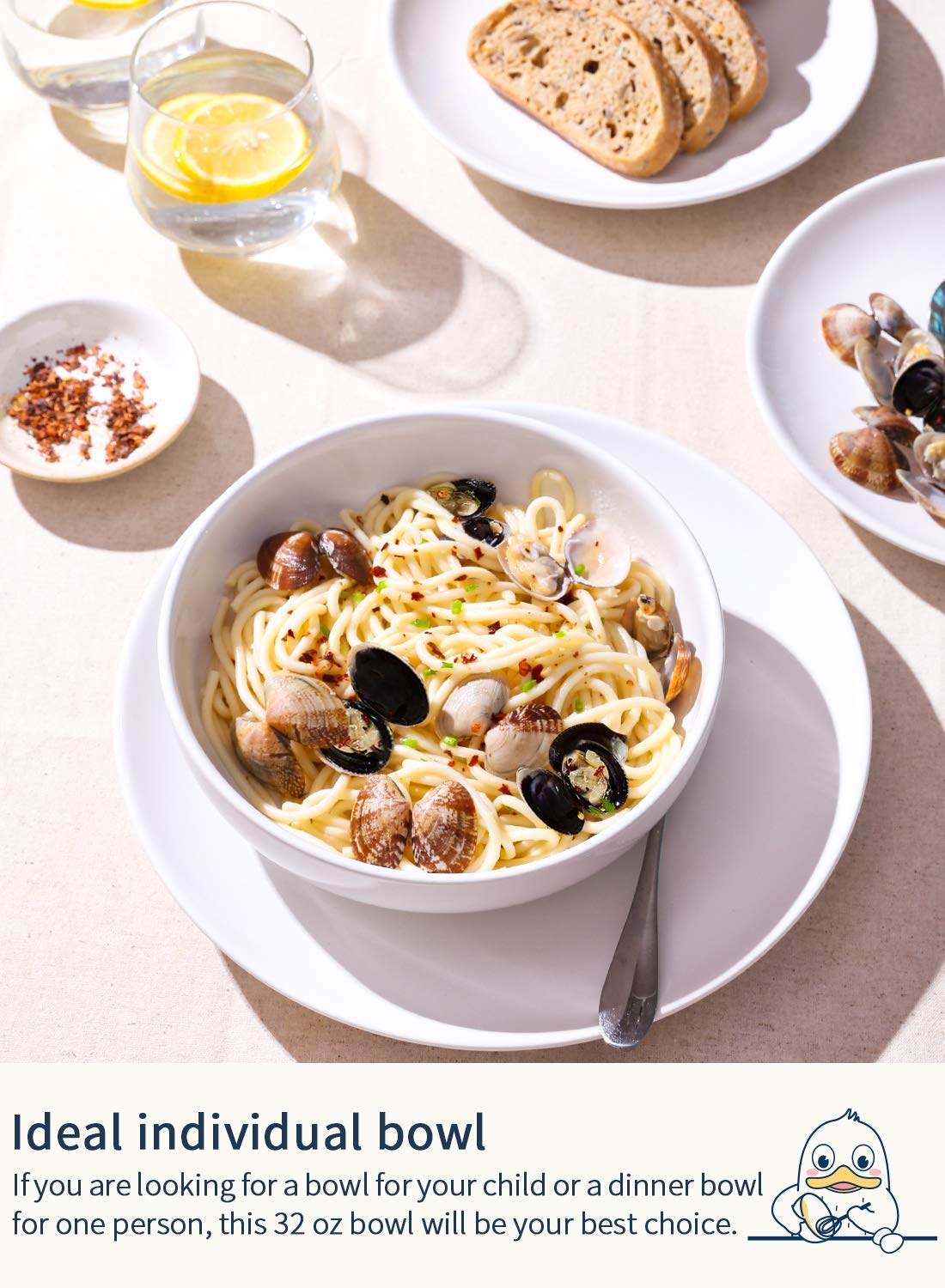 LE TAUCI wide-mouth bowls highlight pasta and soup with easy scooping and serving.