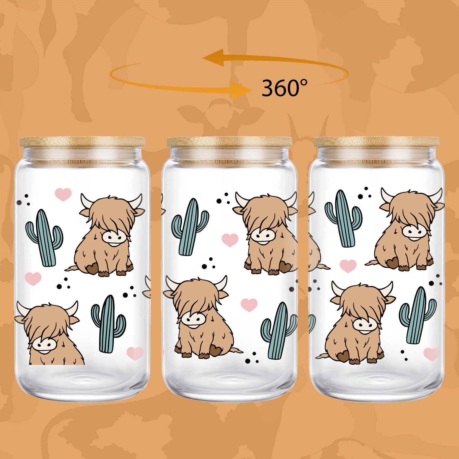 LEADO Highland Cow Cup design shows pink hearts and cacti for playful charm.