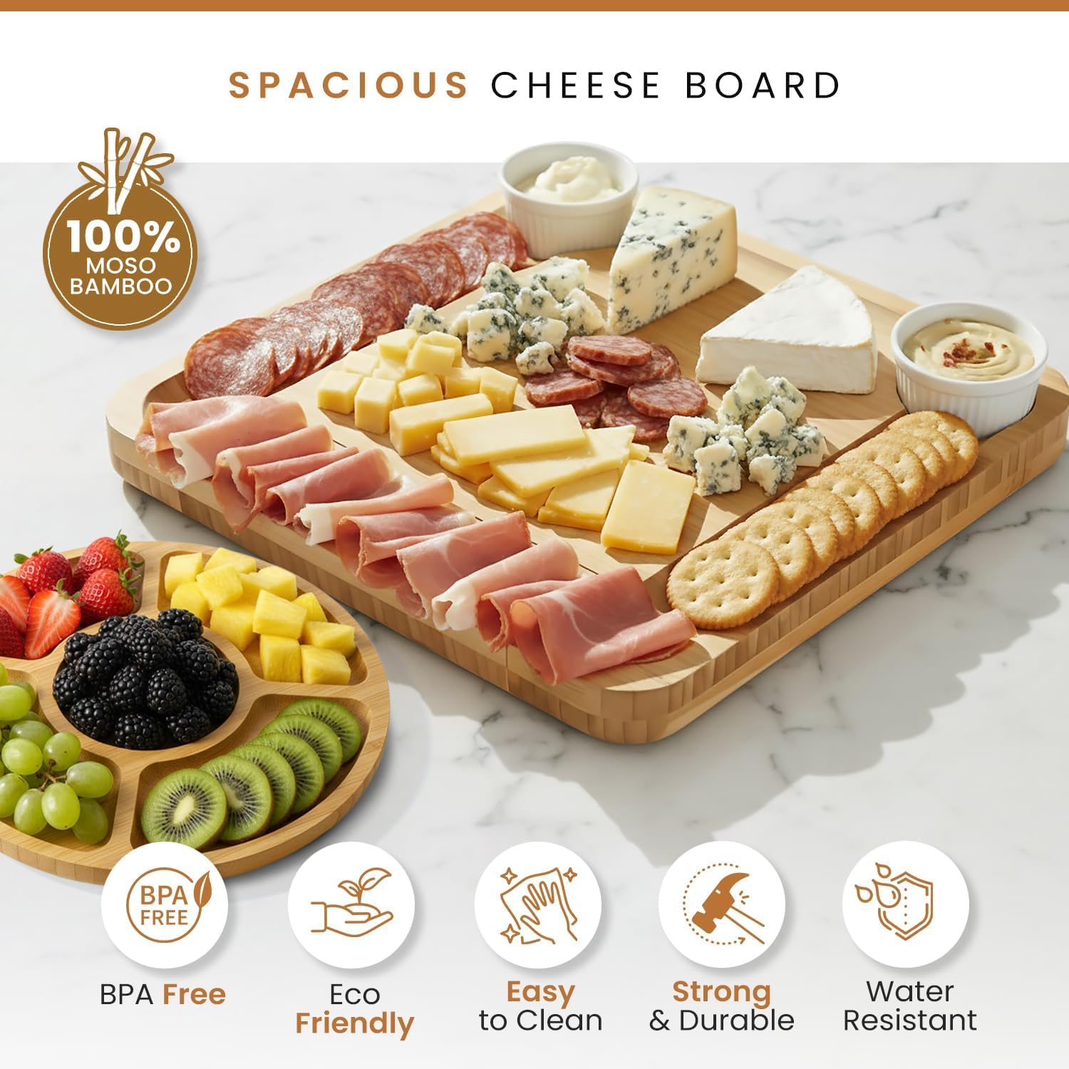 Leaf & Grain board with accessories drawer open displaying knives, forks, labels, and bowls.