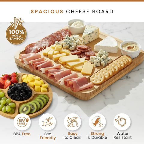 Leaf & Grain board with accessories drawer open displaying knives, forks, labels, and bowls.