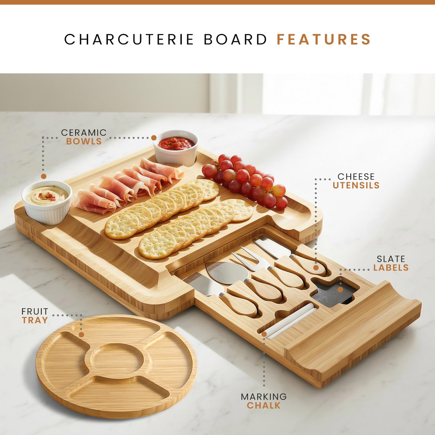 Leaf & Grain stainless steel knife set beside board for easy prep and service.