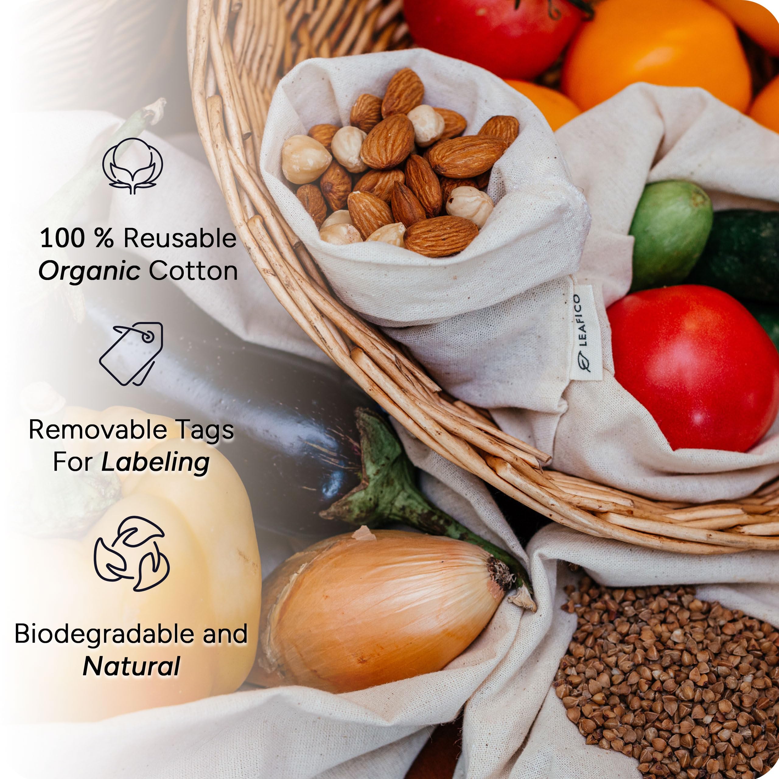 Leafico bags with removable tags for easy labeling and content tracking