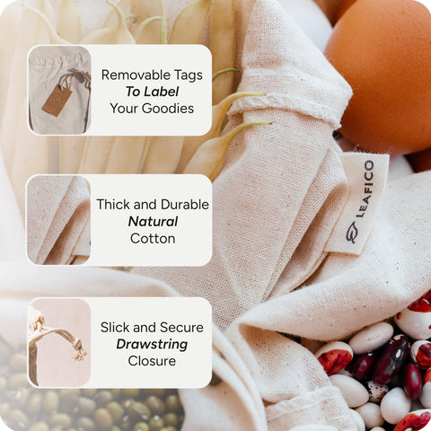 LEAFICO breathable cotton bags promote air flow for herbs and grains.