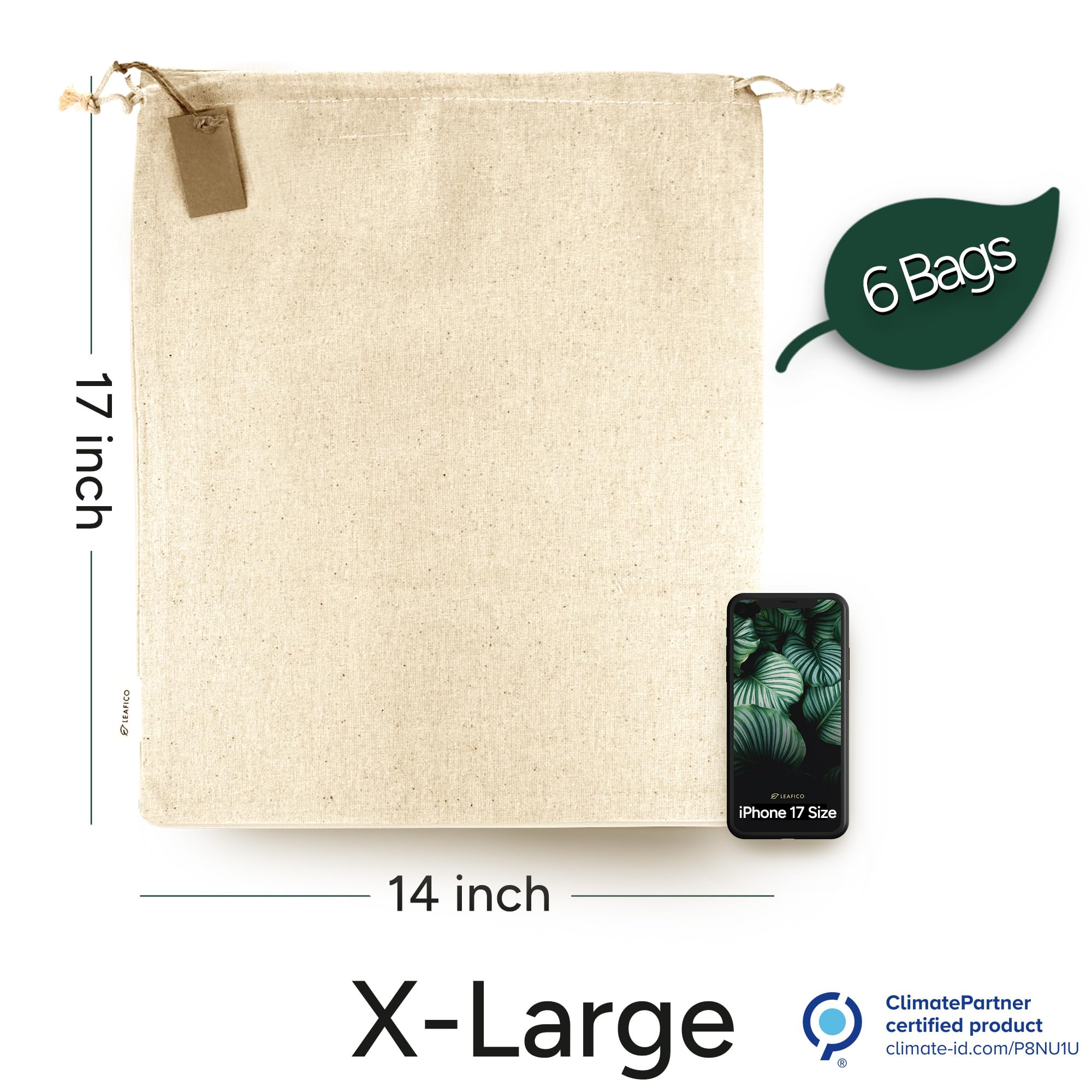 Leafico cotton storage bags side view ideal for pantry organization and reusable storage.