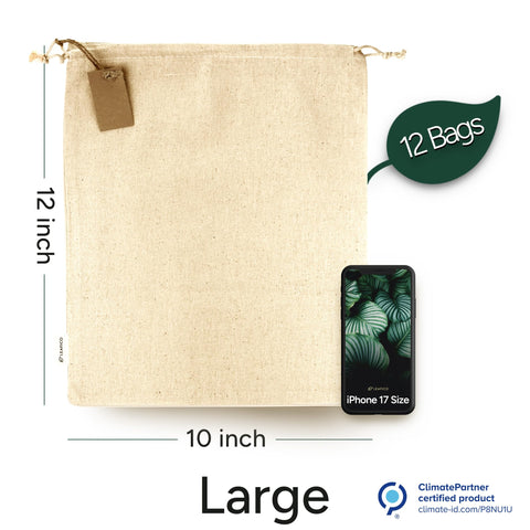 Leafico drawstring muslin pouches used for vegetables and bread storage.