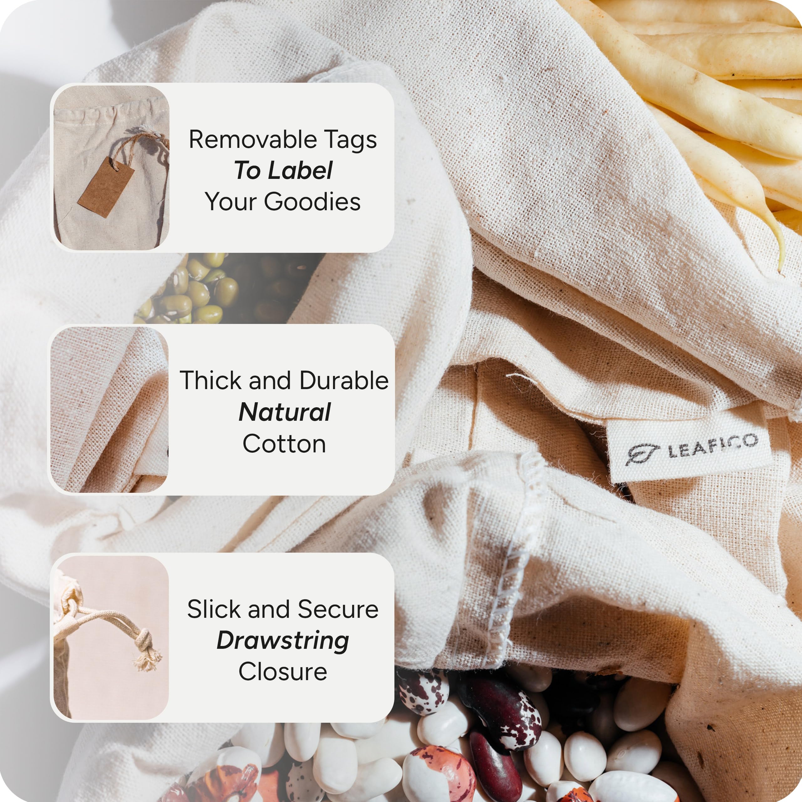 Leafico eco-friendly muslin bags promote air circulation and reduce plastic use