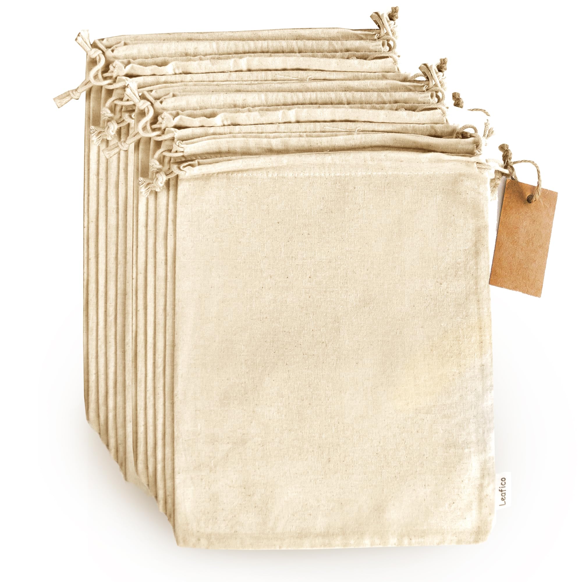 Leafico large 10x12 inch muslin bags opened for easy viewing and access.