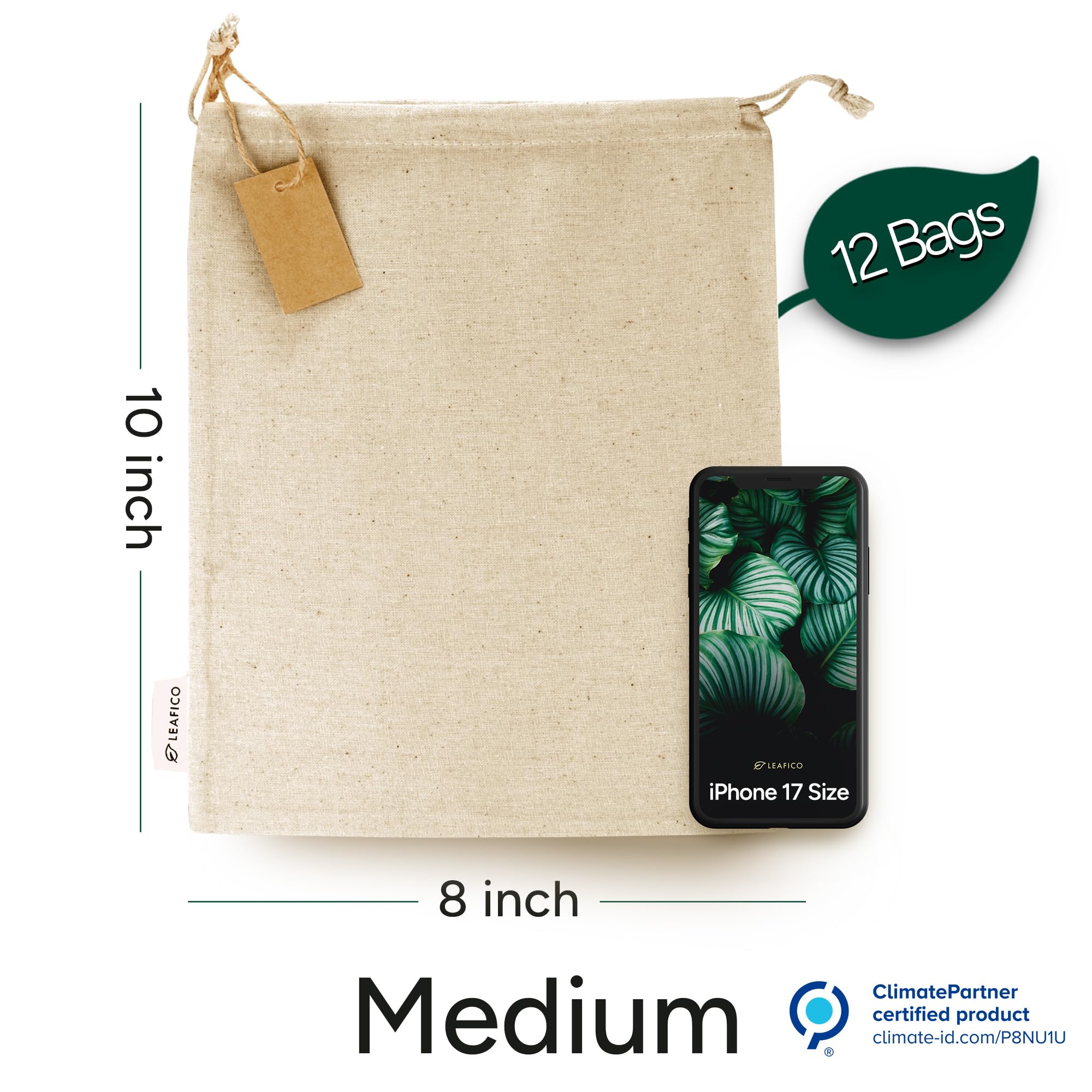 LEAFICO organic cotton produce bags medium 8x10 for lunch and travel.