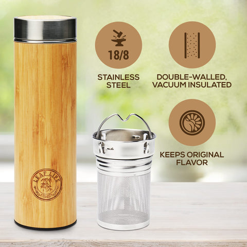 LeafLife bamboo tea bottle with easy pour lid and spout