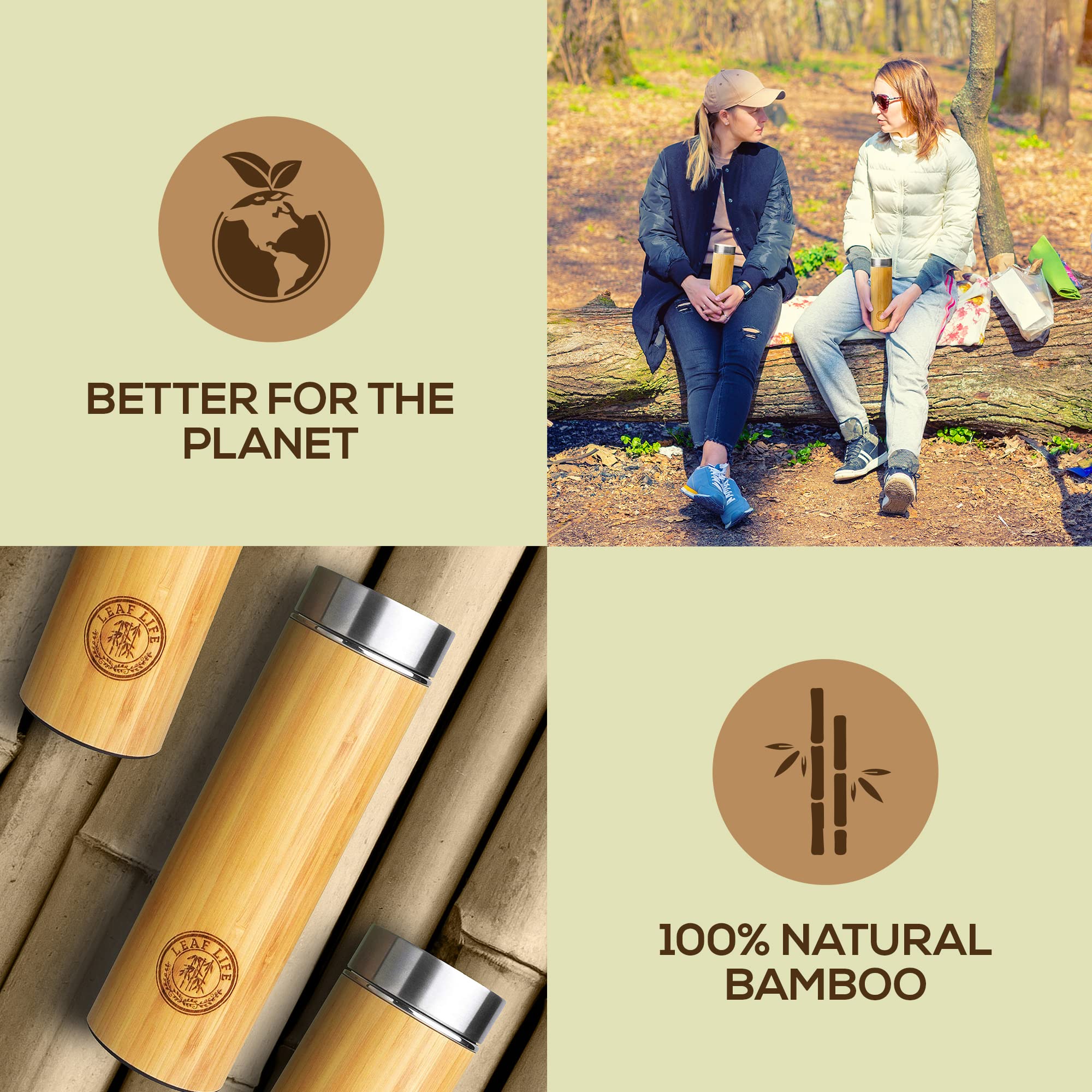 LeafLife bamboo interior stainless steel lining ensures food-grade safety