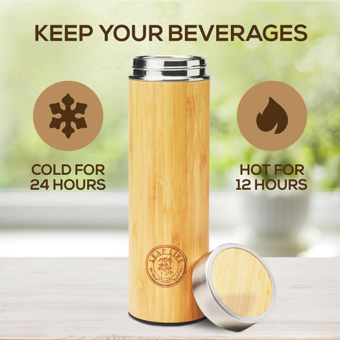 LeafLife insulated bamboo tumbler doubles as hot tea or cold beverage