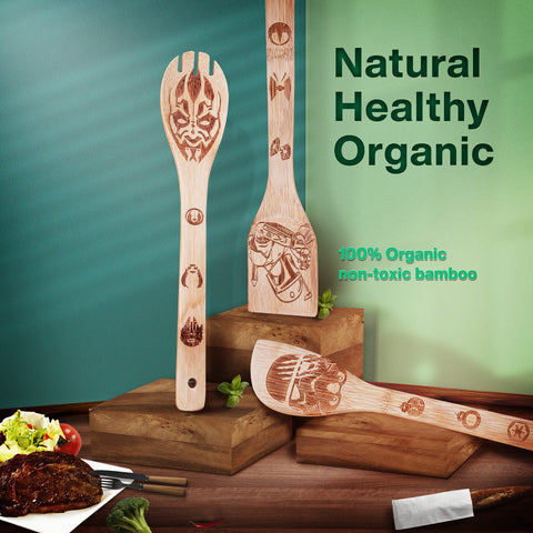 LeafyLane wooden utensils with nonstick bamboo finish for easy cleaning.