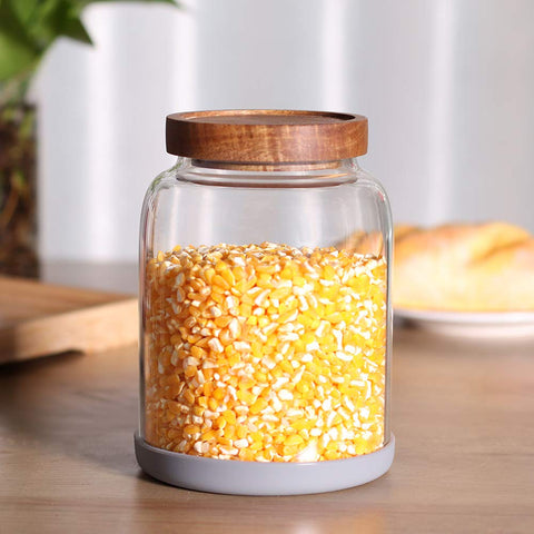 Leaves and Trees Y coffee-beans jar with wooden lid for fresh coffee storage.