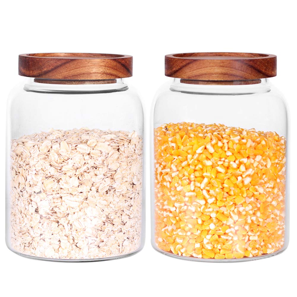 Leaves and Trees Y glass jar with airtight lid for clear, organized pantry storage.