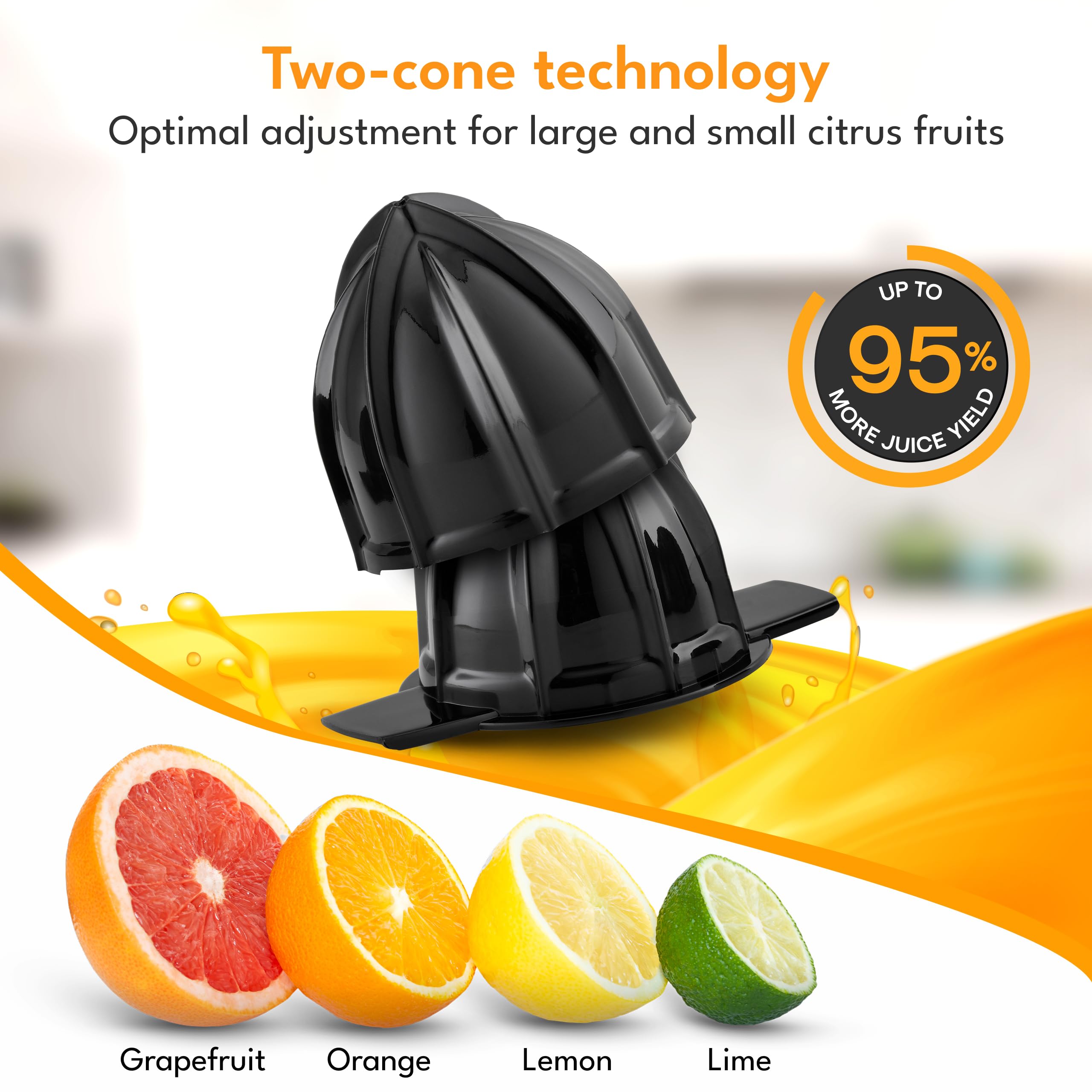 LEBENLANG dual-cone design enables efficient juicing for small and large fruits.