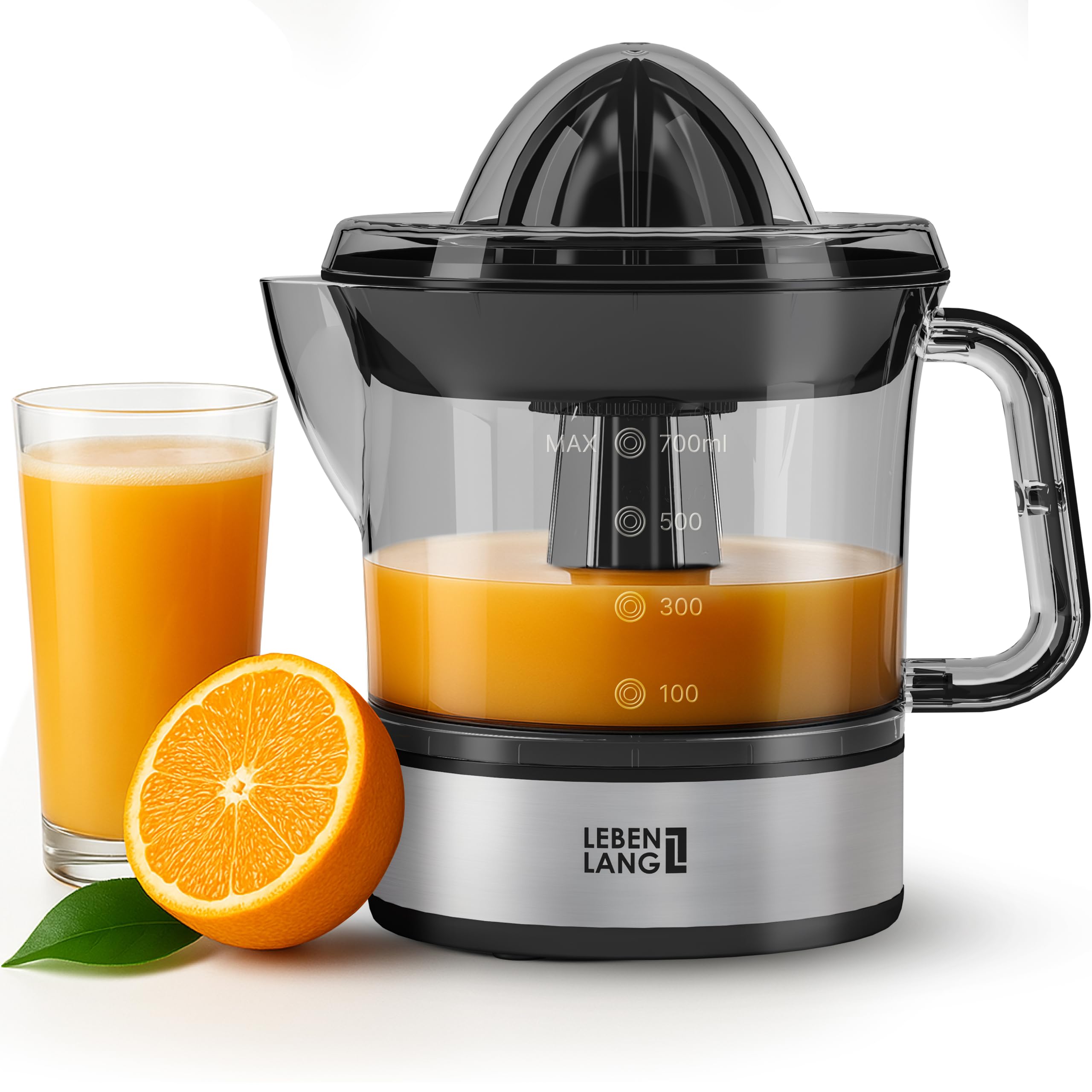 LEBENLANG electric citrus juicer with two cones delivering high juice yield from oranges and lemons.