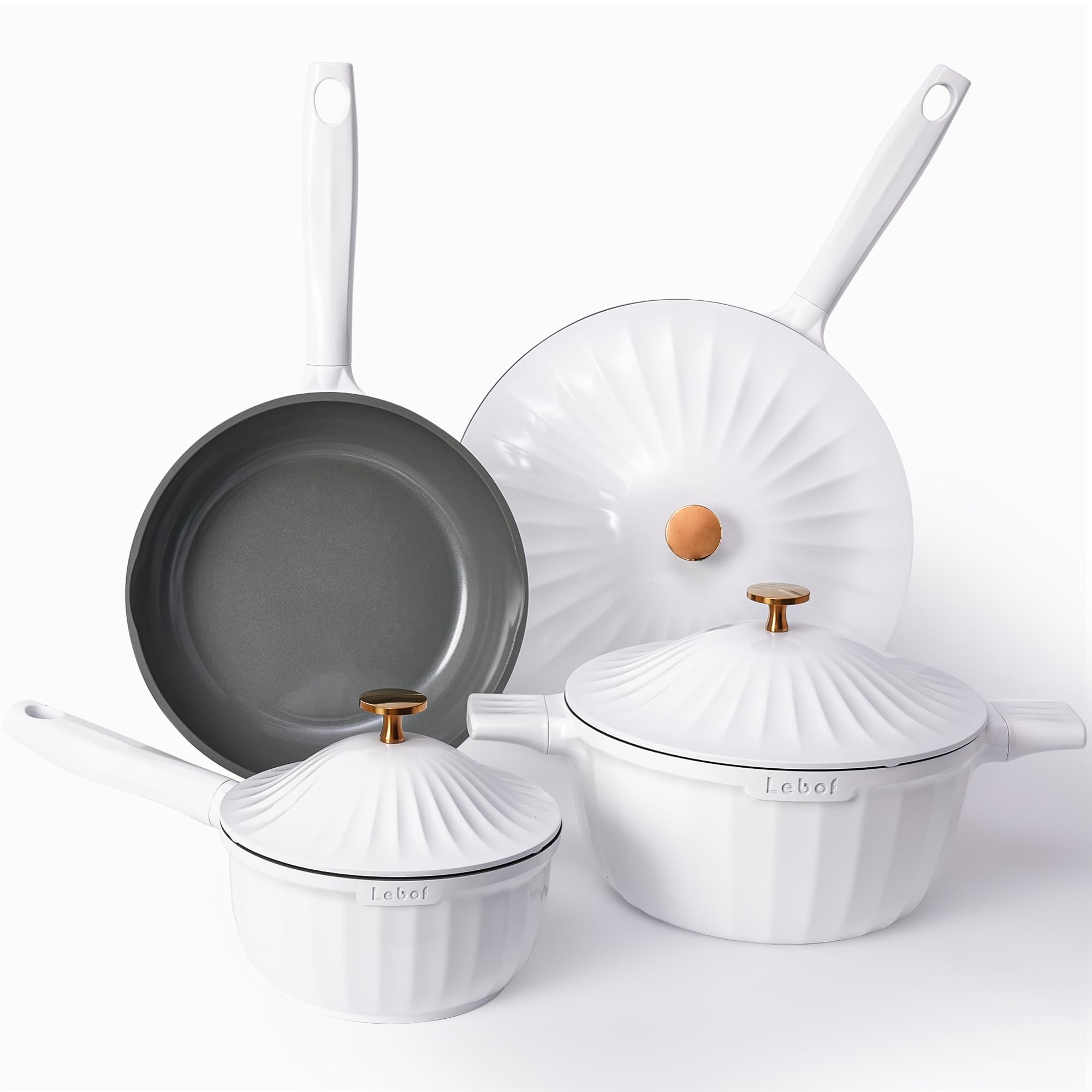 Lebof 7-piece nonstick ceramic set in pearl white for even heating