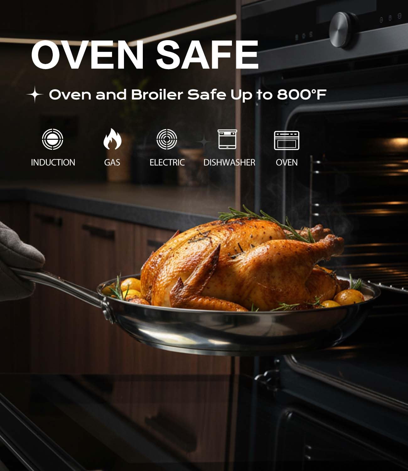 Lebof oven-safe up to 800°F for finishing dishes