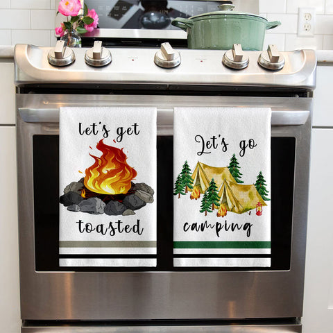 Lebsitey towels happy camper text for gift-ready camp kitchen decor.
