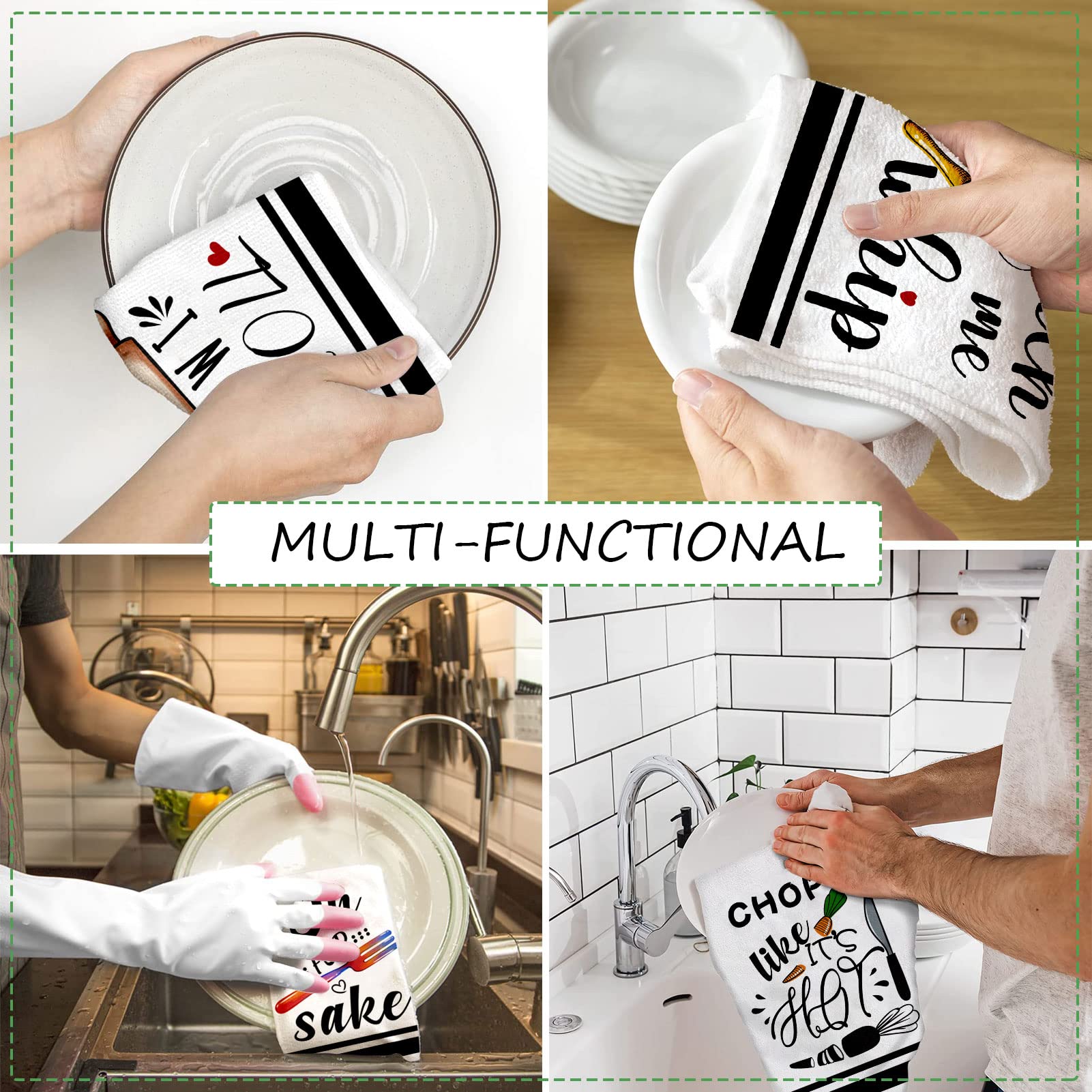 Lebsitey kitchen towel with knife pattern helps wipe counters after chopping.