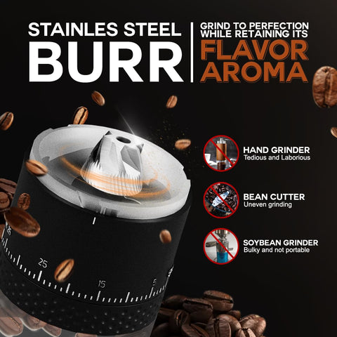 Leburry burr coffee grinder adjustable grind settings tailor extraction for espresso to French press.