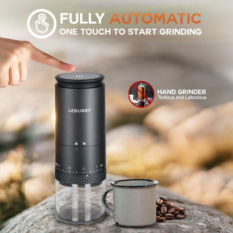 Leburry burr coffee grinder compact design fits in bags without bulk for everyday carry.