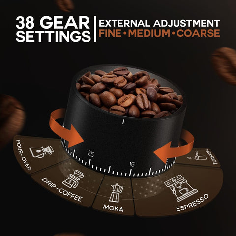 Leburry burr coffee grinder cordless design lets you grind anywhere without outlets.