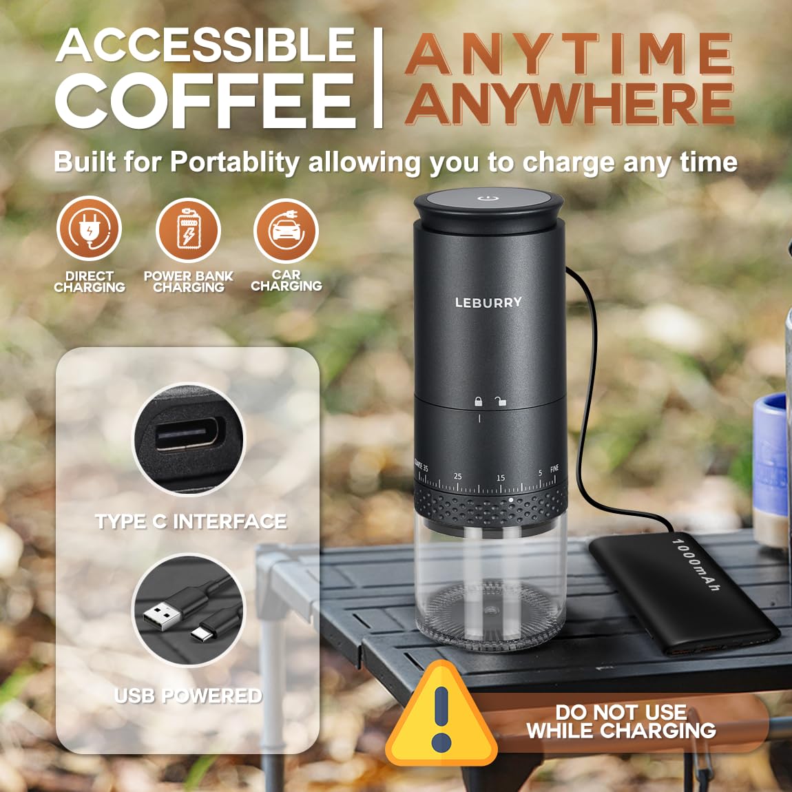 Leburry burr coffee grinder ergonomic grip supports comfortable, precise grinding during travel.