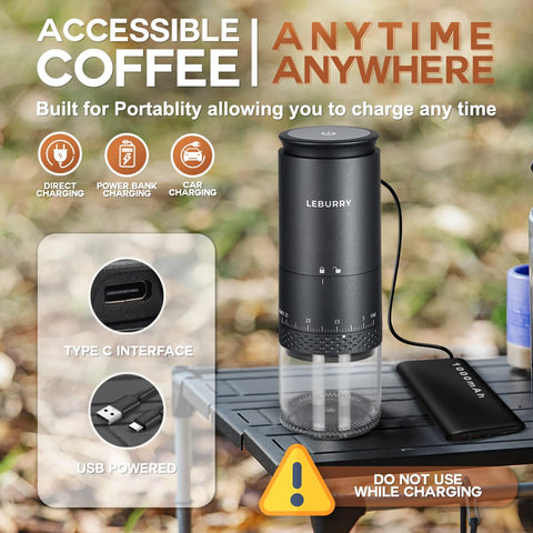 Leburry burr coffee grinder ergonomic grip supports comfortable, precise grinding during travel.