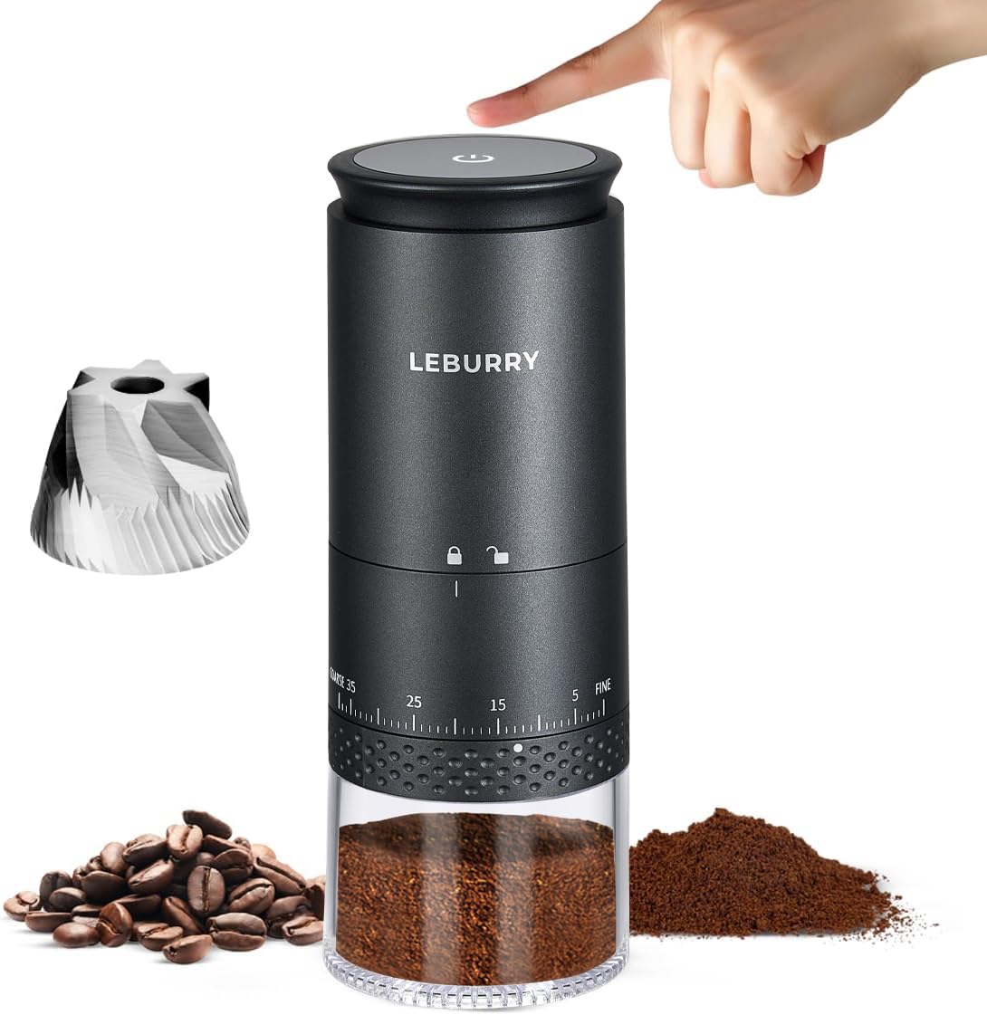 Leburry burr coffee grinder travel edition ready for on-the-go fresh grounds anywhere.