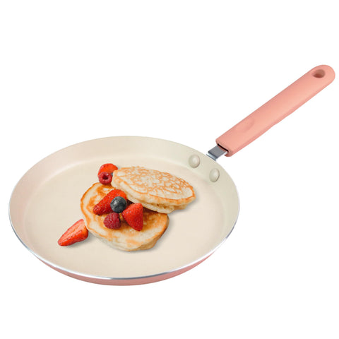 LECOOKING crepe pan pink angle view showing nonstick release for easy cooking