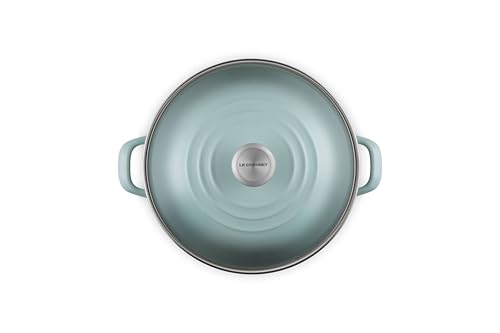 Le Creuset enamel on steel stockpot close-up with stainless knob for safe handling