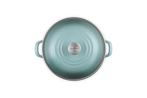 Le Creuset enamel on steel stockpot close-up with stainless knob for safe handling