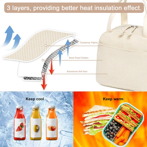 LEDAOU corduroy lunch bag spill-proof liner eases cleanup after spills.