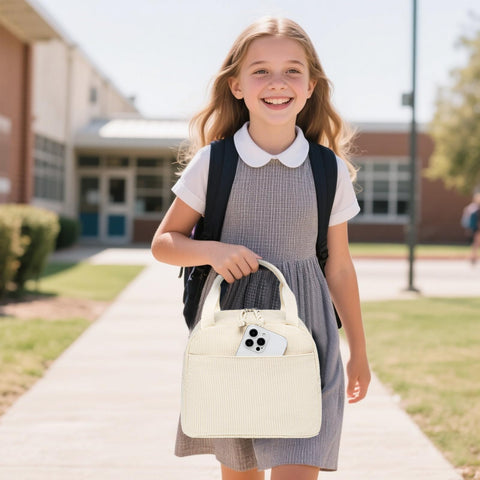 LEDAOU corduroy lunch bag sturdy-handles endure daily use and comfortable carrying.
