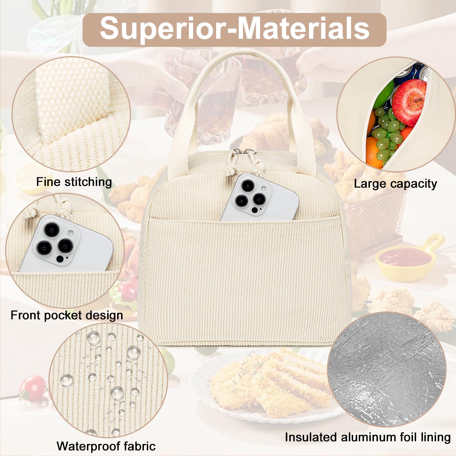 LEDAOU corduroy lunch bag two-zipper pockets organize cutlery and small items.