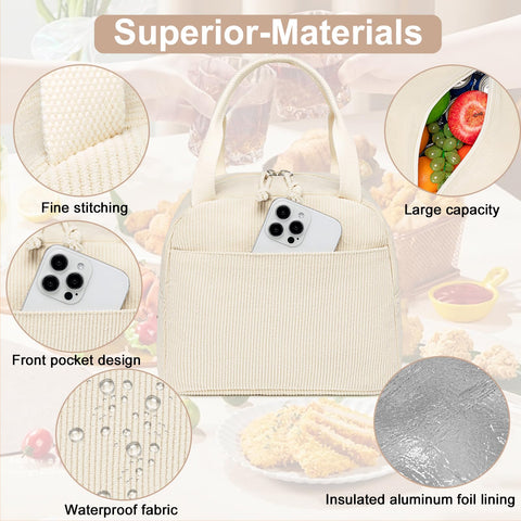 LEDAOU corduroy lunch bag two-zipper pockets organize cutlery and small items.