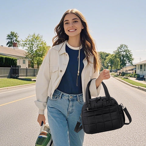 LEDAOU front-pocket lunch bag black provides convenient storage for phone and utensils.